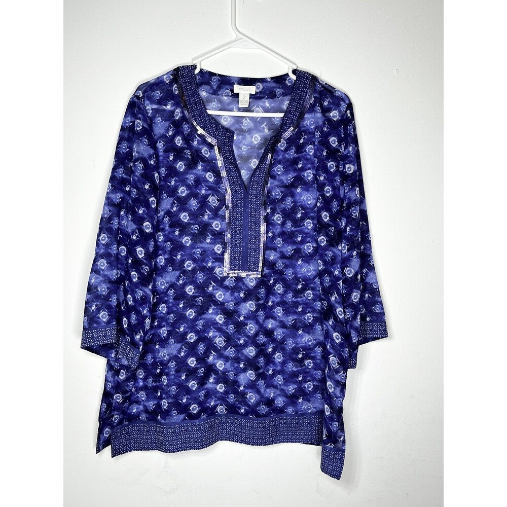 Chico's Blouse Womens 2 L Blue Geometric Sequin V Neck 3/4 Sleeve Tunic Top